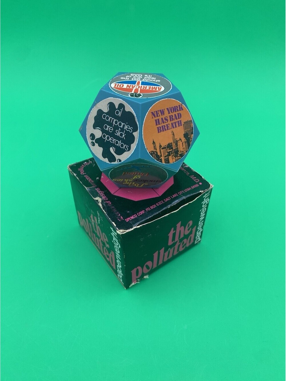 Polluted Paperweight - Plastic Dodecagon Rattle Paperweight w/ Box - 1970 Spenco
